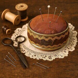 Antique Victorian Pin Cushion Gold Trim Brocade Sewing Pincushion Vintage Decor